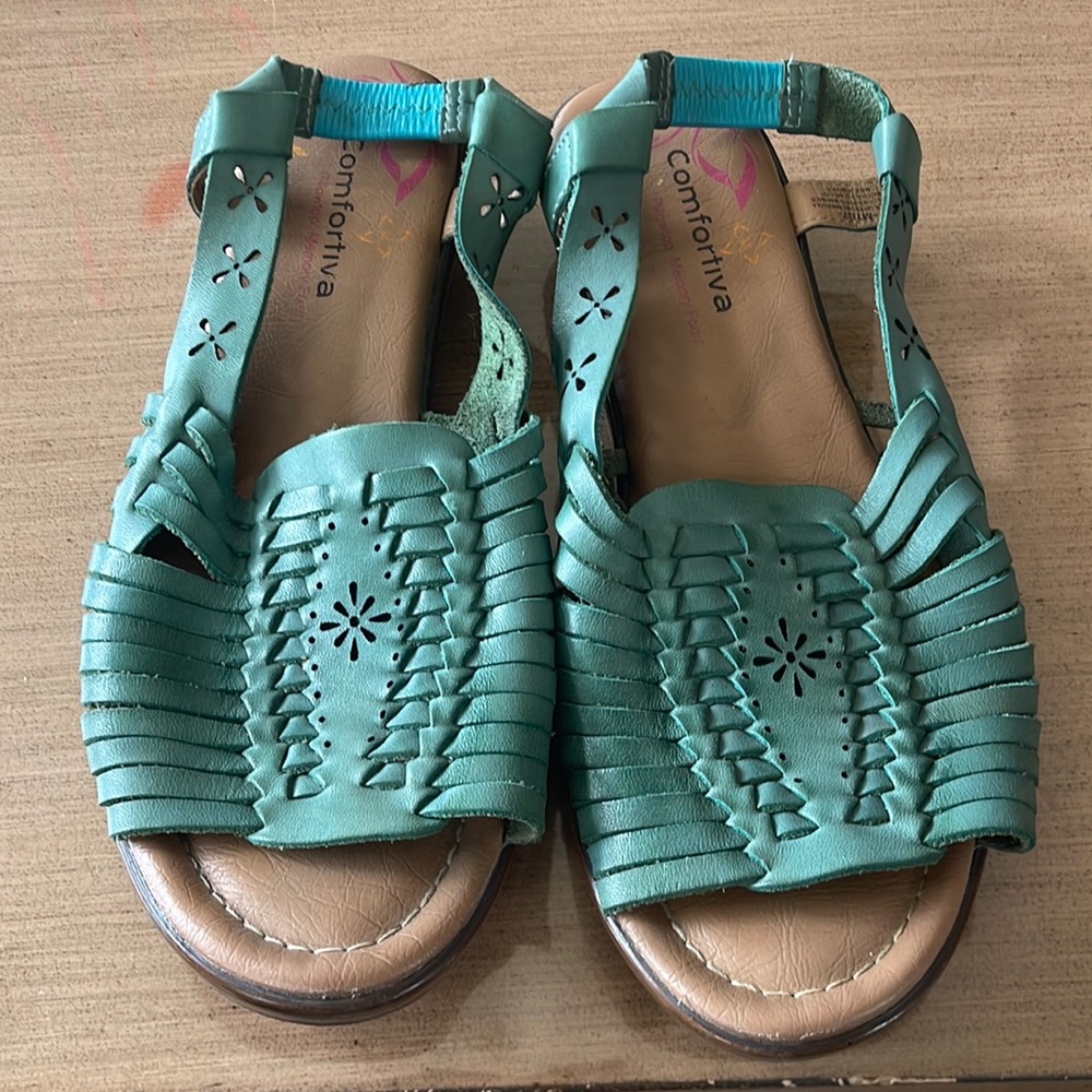 Comfortive by pillow top turguoise ankle strap leather women sandal